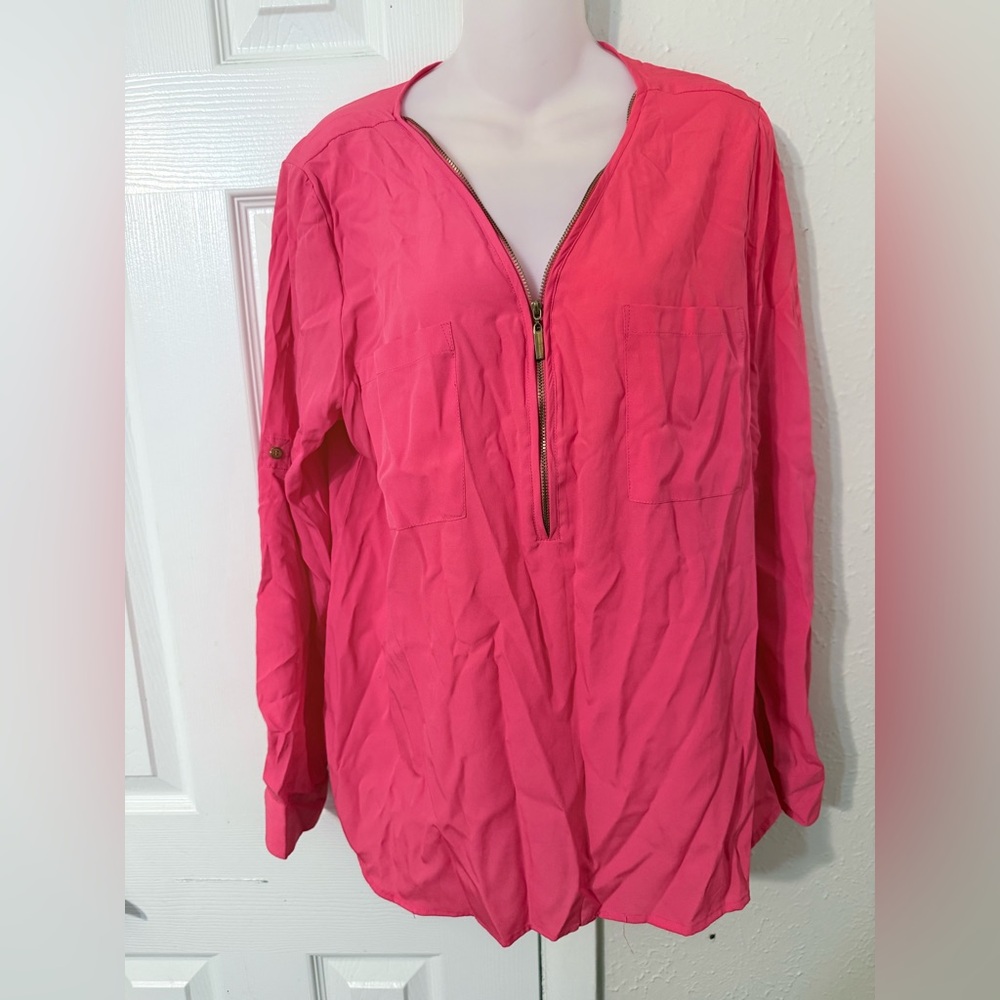 Zip-Front Long Sleeve Tunic in Bright Pink